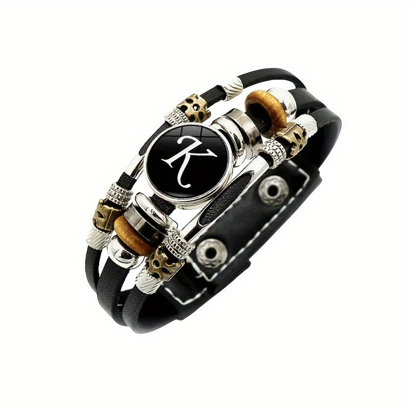 1pc Multilayer Braided Bangle Punk Style A-Z Bangle With 26 Alphabet PU Leather Bracelets With Identification Name For Men And Women