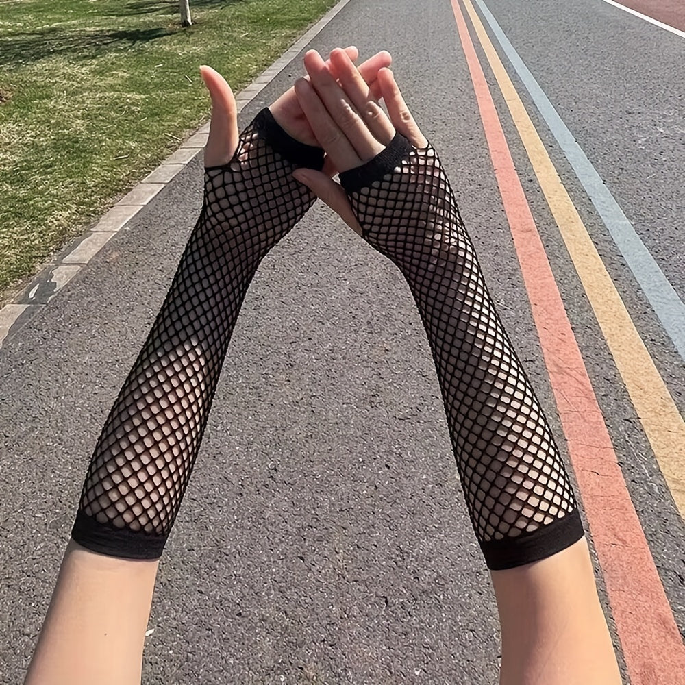 1pair Girl Fingerless Mesh Gloves Black Fishnet Lace Gloves For Women Cosplay Dance, Halloween