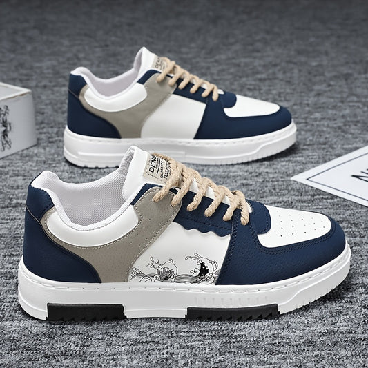 Men's Trendy Street Style Wave Pattern Low Top Skateboard Shoes, Comfy Non Slip Lace Up Sneakers For Men's Outdoor Activities