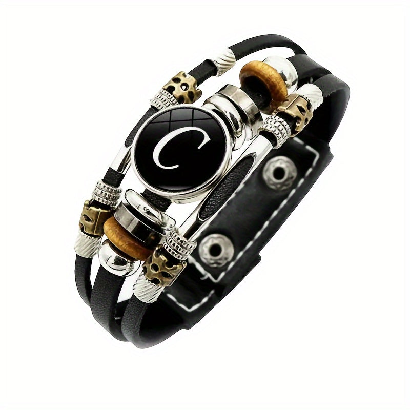 1pc Multilayer Braided Bangle Punk Style A-Z Bangle With 26 Alphabet PU Leather Bracelets With Identification Name For Men And Women