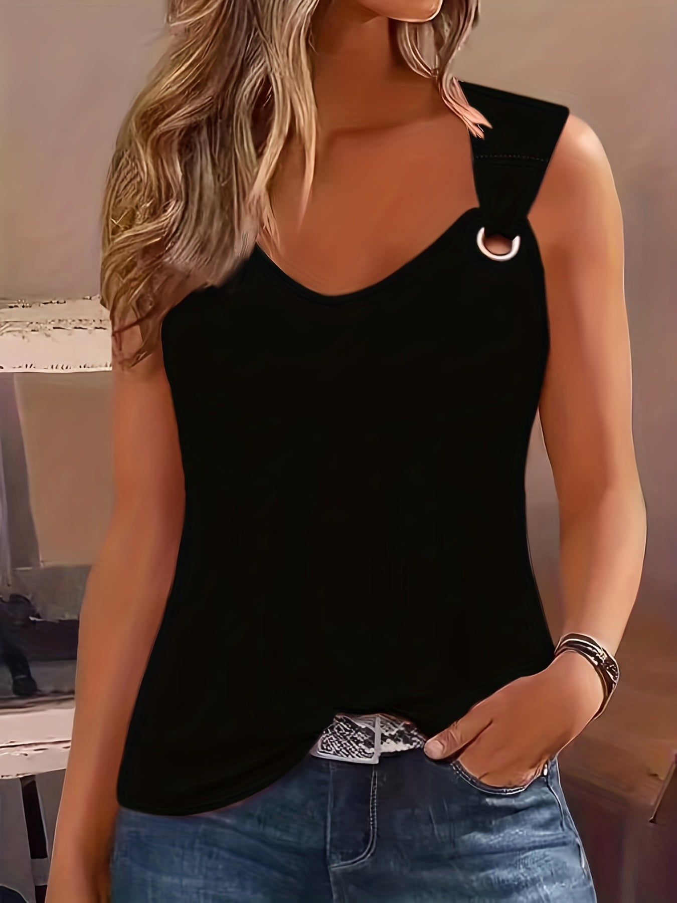 Women's Casual Sleeveless Crew Neck Tank Top - Vibrant Coral Solid Color with Keyhole Cutouts & Ring Detail, Lightweight Summer Top, Machine Washable, Ladies Tank Tops, Easycare Clothing