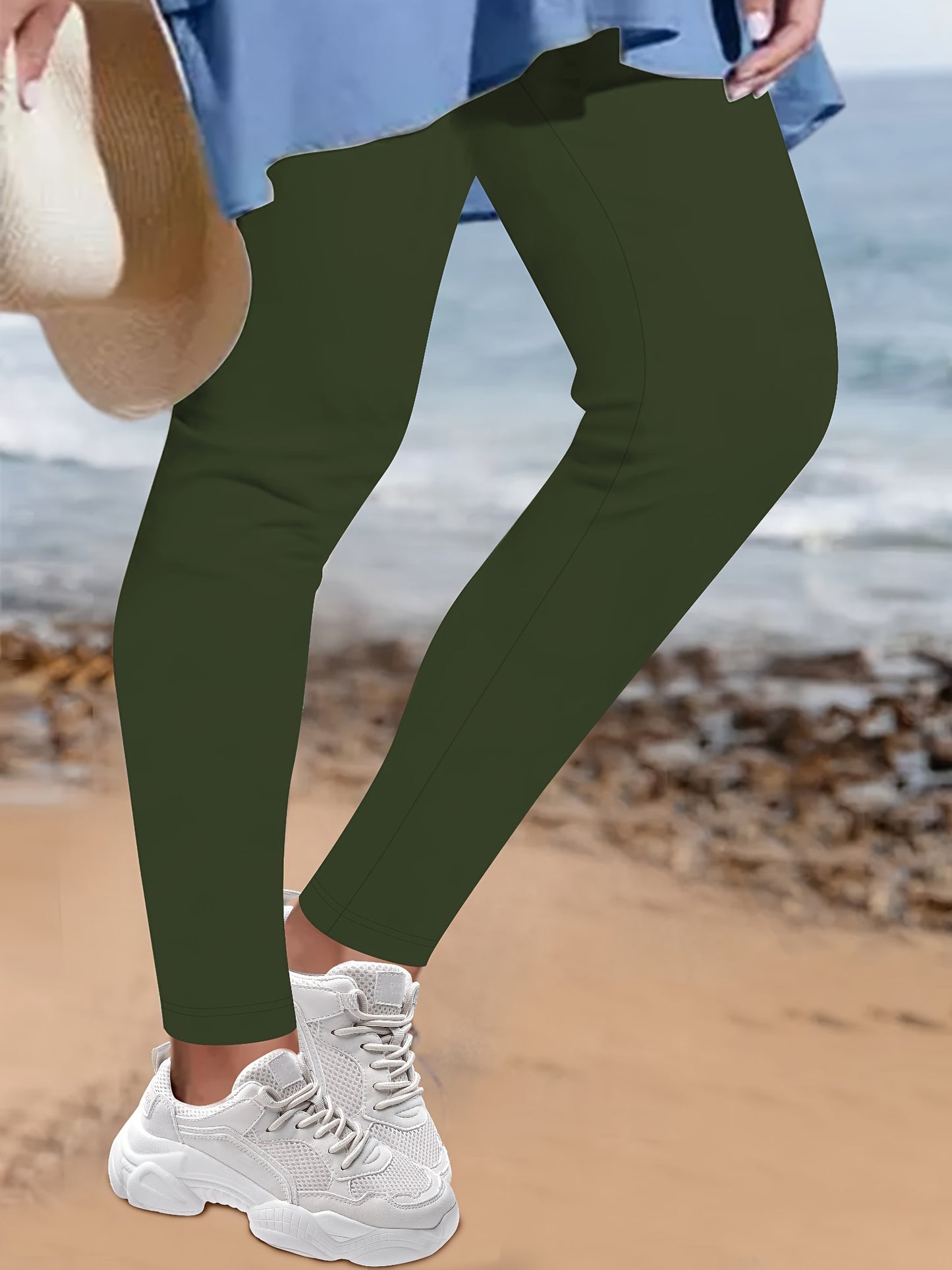 Plus Size Casual Pants, Women's Plus Solid Elastic High Rise High Stretch Skinny Trousers