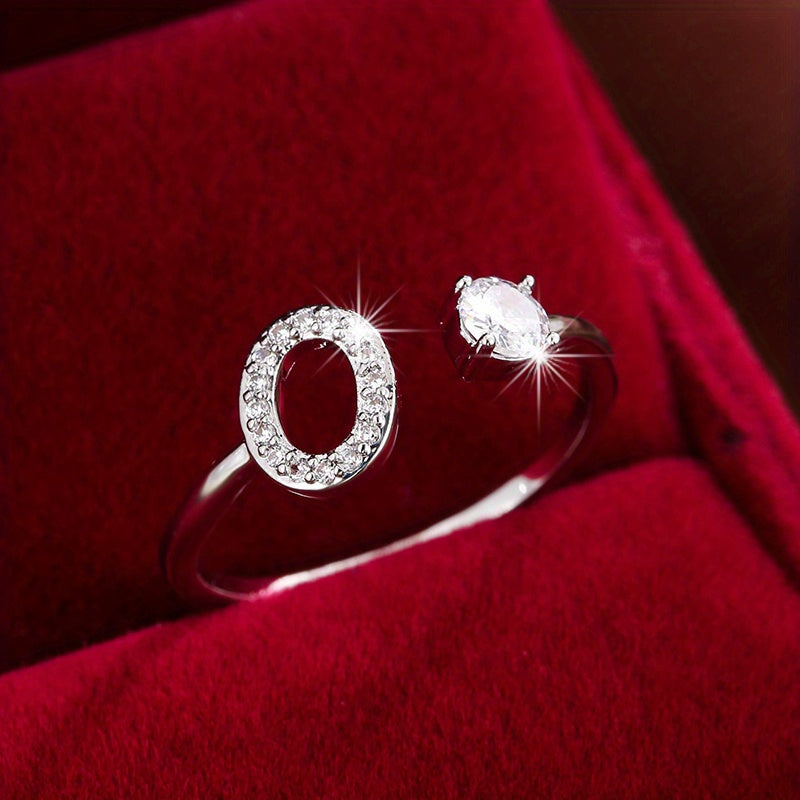 Fashionable 26 English Letters Four-Prong Synthetic Synthetic Zirconia Open Adjustment Ring