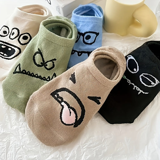 5 Pairs Women's Funny Face Ankle Socks - Playful Cartoon Expressions, Assorted Colors, Breathable & Machine Washable for Casual Wear, Novelty Socks, Fun Fashion Accessory, Comfortable Fit