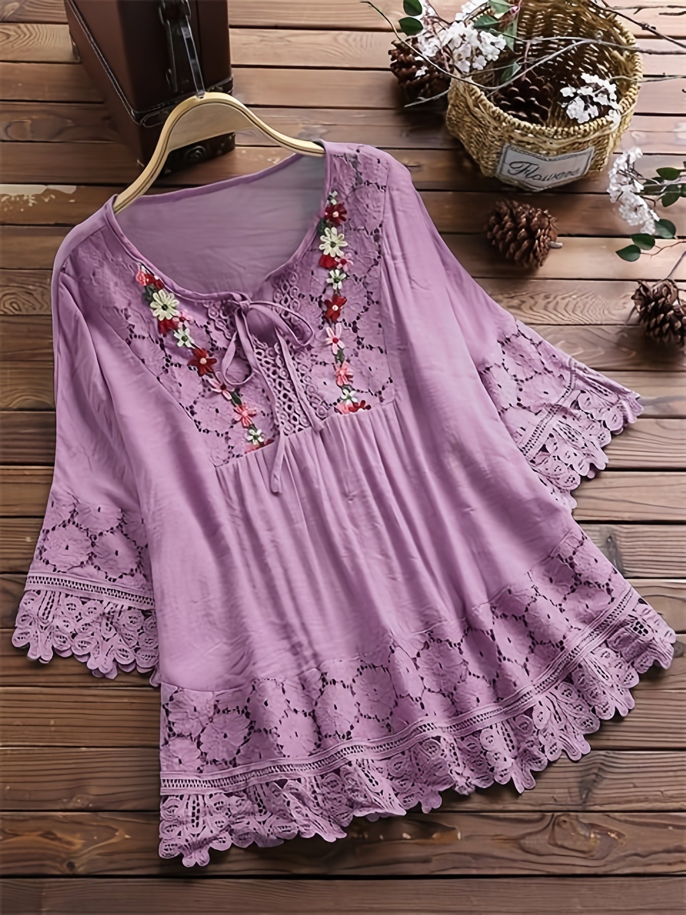 Women's Plus Size V-Neck Lace Trim Blouse - Vibrant Yellow Loose Fit Tie-Front Shirt, Lightweight Semi-Sheer Casual Top for Spring Summer Fall, Machine Washable, Lace Blouse, Seasonal Fashion, Nonelastic Fabric