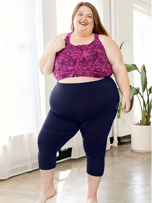 Women'S Plus Size Capri Leggings, High Waist Tummy Control, 4X Stretch, Pocket Detail, Solid Black, Knit Fabric, Polyester 92%, Spandex 8%, 210g/m², All Season Skinny Yoga Pants