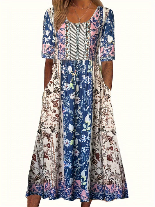 Plus Size Boho Dress, Women's Plus Colorblock Floral Print Short Sleeve Round Neck Medium Stretch Maxi Dress With Pockets