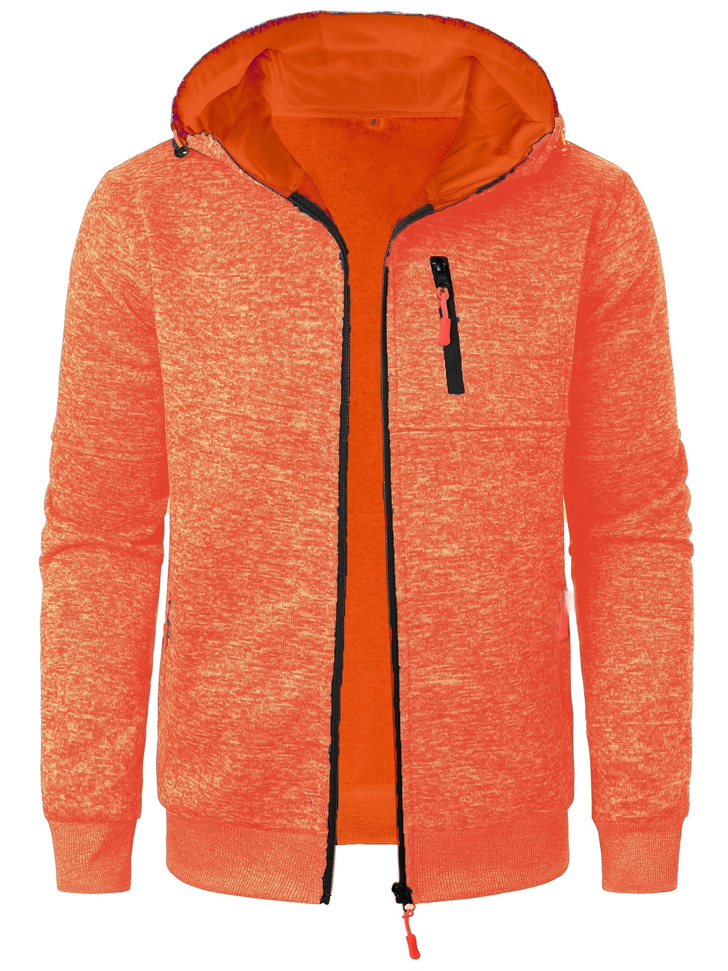 Men's Autumn Winter Casual Plush Hooded Sweater - Soft Knit Zipper Front with Neon Accents, Regular Fit Long Sleeve Pullover for Cold Weather, Sweater Hoodie, Ribbed Detailing