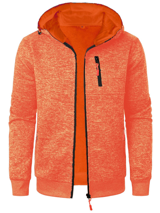 Men's Autumn Winter Casual Plush Hooded Sweater - Soft Knit Zipper Front with Neon Accents, Regular Fit Long Sleeve Pullover for Cold Weather, Sweater Hoodie, Ribbed Detailing