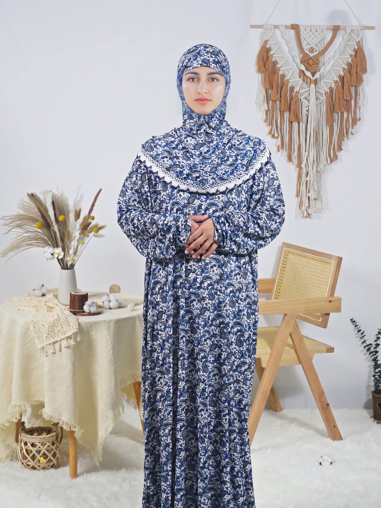 Floral Print Long Robe for Women, Comfortable Loose-Fit Prayer Dress, Ramadan Special, Polyester with Elastane, Machine Washable