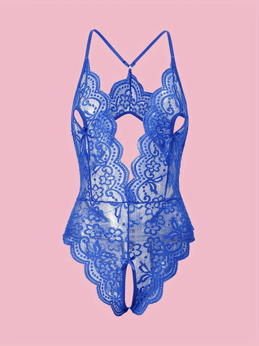 Floral Lace Scallop Trim Teddy, Plunging Halter Backless Open Crotch Bodysuit, Women's Sexy Clothing