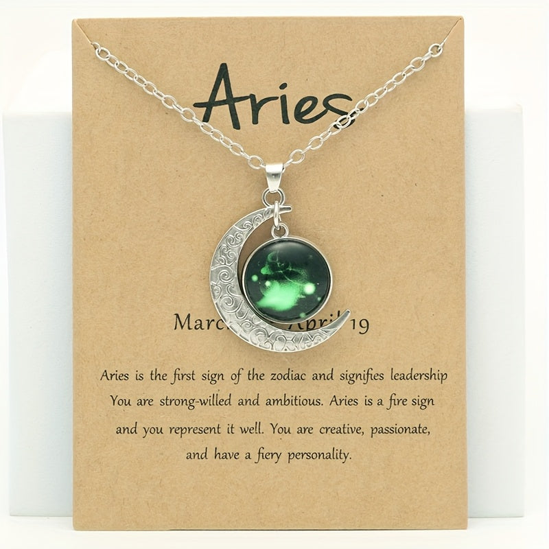1pc Retro Glow-in-the-Dark Zodiac Moon Pendant Necklace - Vintage Style, Zinc Alloy with Glass Accents, Adjustable Chain for Women - Ideal for Daily Wear & Gifting, Zodiac Jewelry, Gift Jewelry, Vintage Jewelry, Durable Jewelry