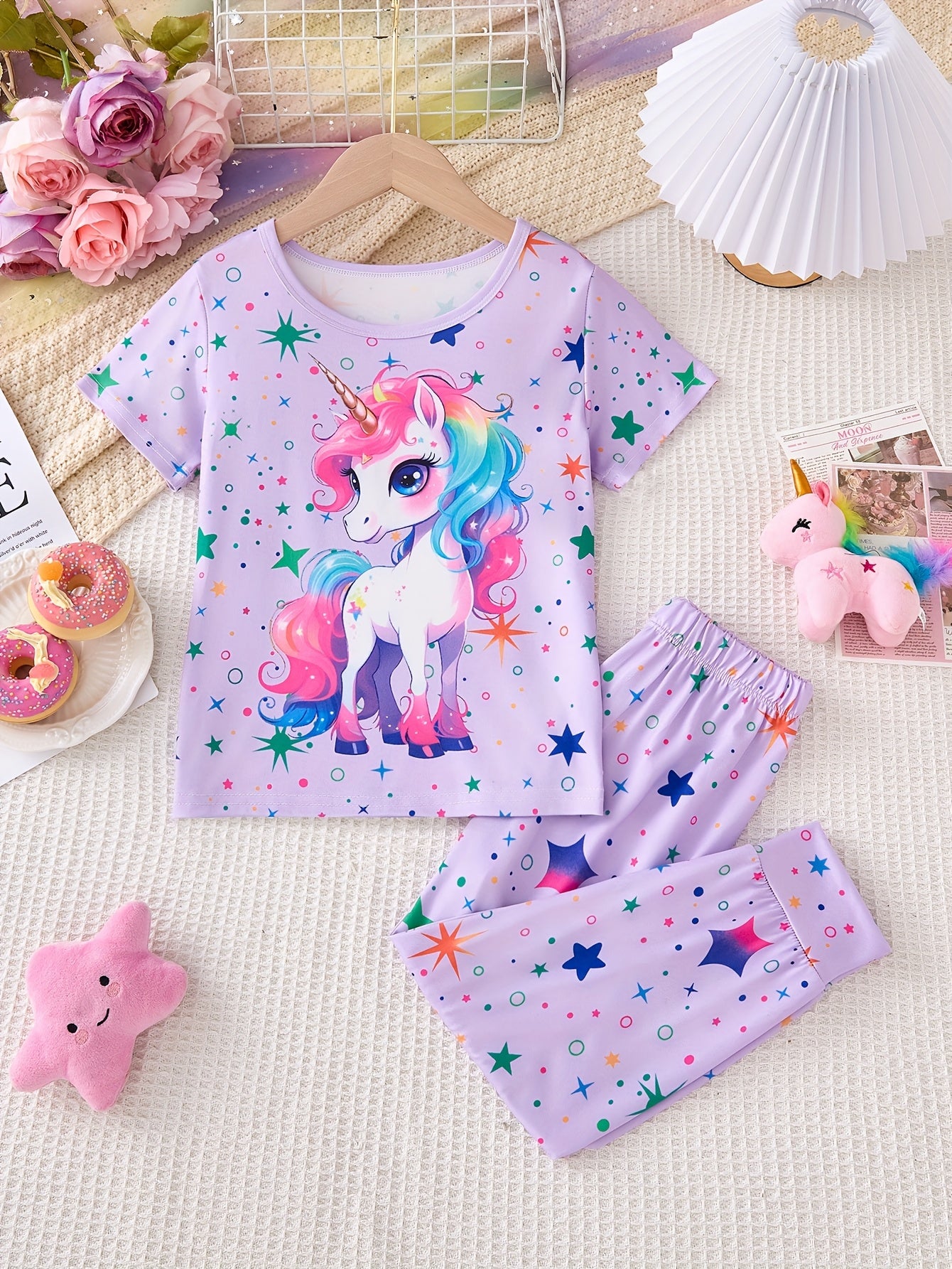 ' Spring/Autumn/Summer 2pcs Set: Glow-in-the-Dark Unicorn Pattern Round Neck Pullover T-Shirt + Glow-in-the-Dark Starry Sky Print Elastic Waist Tie-Leg Pants Cute Style Long Pants Outfit, Everyday Outfit, 's Play Clothes, Playful Fashion, Glow In The Dark