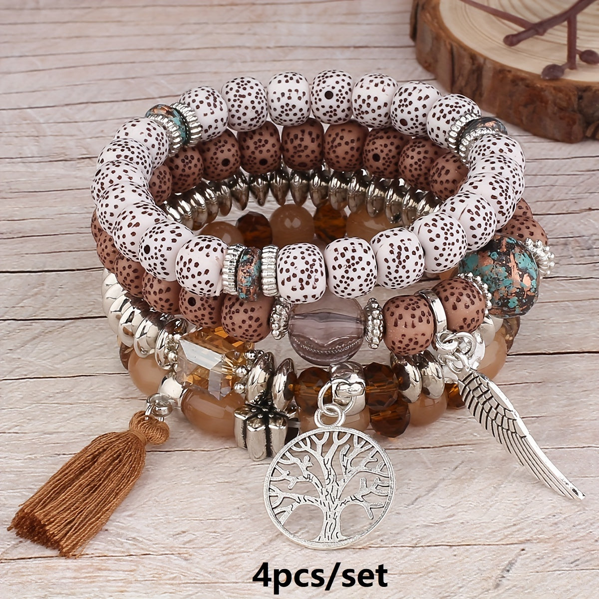 4pcs Bohemian Tree of Life & Feather Wing Pendant Bracelets - Handmade Acrylic Couples' Bangle with Tassels, Boho Style Jewelry for Men & Women, Romantic Gift Idea, Bohemian Jewelry, Handcrafted Bracelets