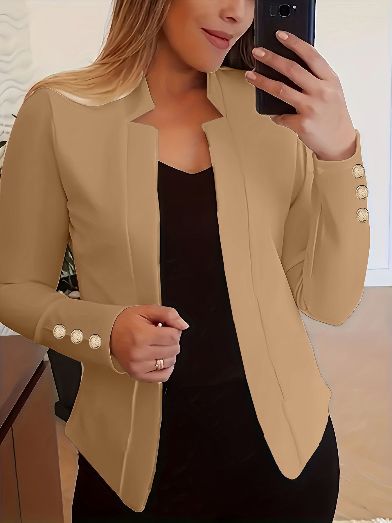Solid Open Front Blazer, Casual Long Sleeve Button Blazer For Office & Work, Women's Clothing