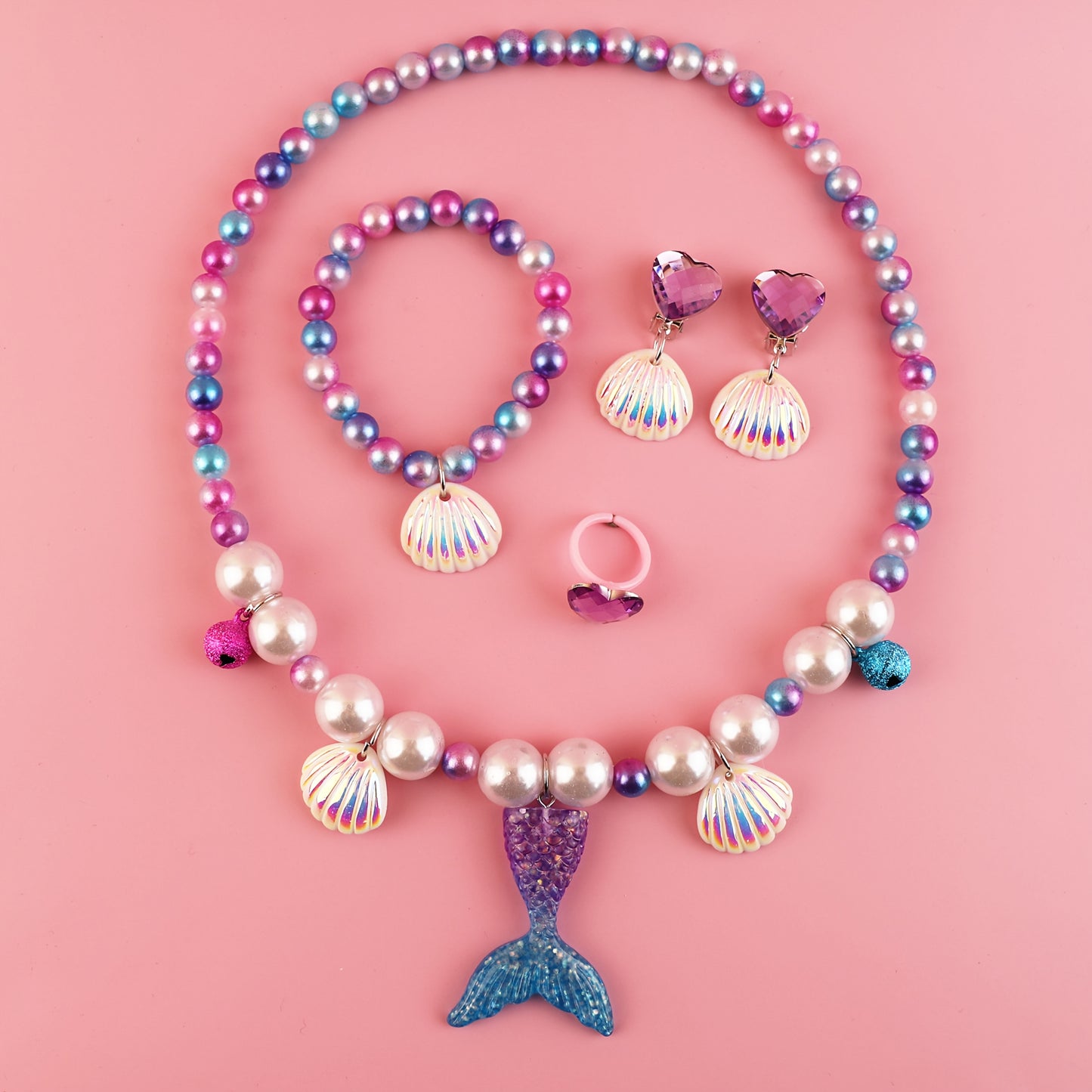 Mermaid Necklace Bracelet Set Mermaid Jewelry Kit Included Shell Necklace Bracelet Ring Earrings for Mermaid Party Costume Jewelry Supplies