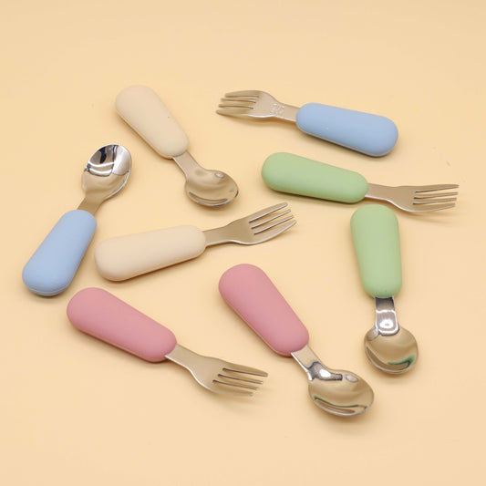 304 Stainless Steel Spoon and Fork with Silicone Handle Youngsters Complementary Food Spoon and Fork