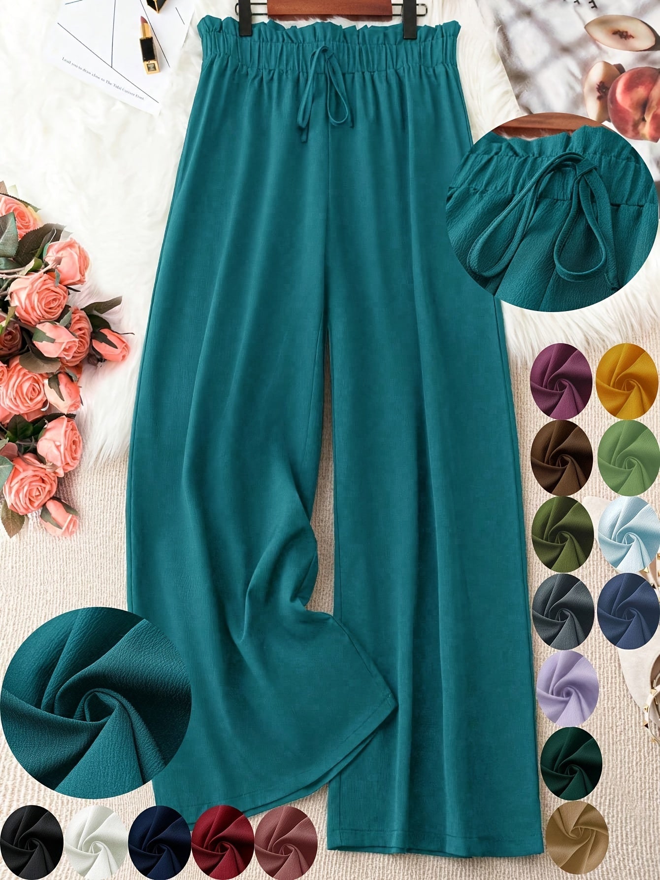 Women'S Plus Size Green Wide-Leg Pants - Non-Stretch, Straight Leg, Spring/Summer Fashion, Drawstring Waist, Casual Wear, Casual Wear Pants|Wide Leg Fashion|Drawstring Waistband, Plus Size Pants