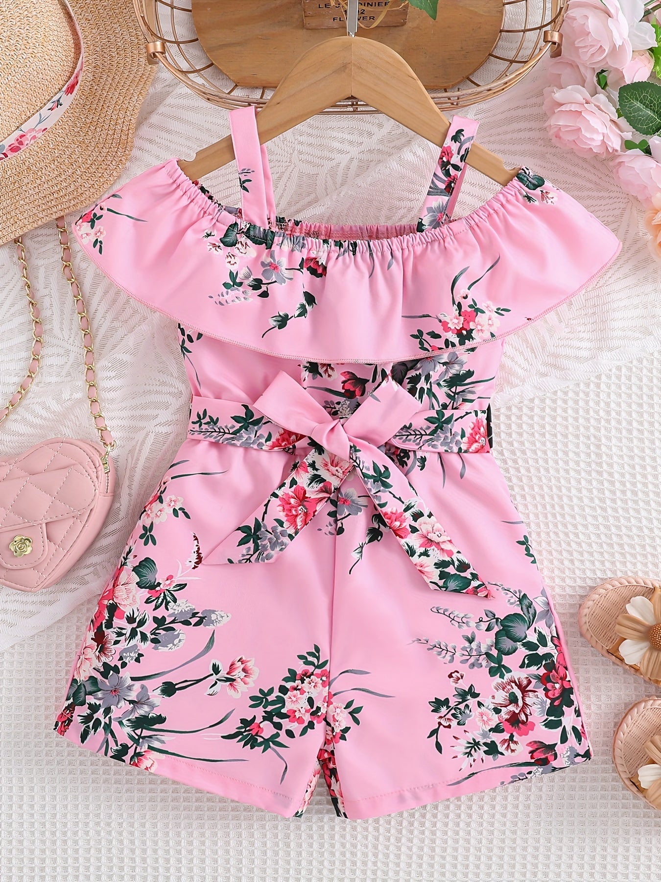 HWMFSNHFZ Girls' Off-Shoulder Floral Print Jumpsuit with Ruffled Sleeves & Waist Bow - Vibrant Pink & Green Summer Casual Outfit, Short Sleeveless Dress for Playdates & Outings, Playful Design, Comfortable Fit, for Outdoor