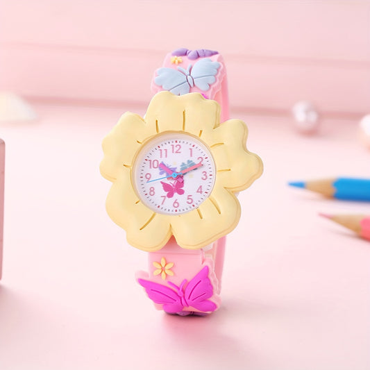 Adorable Girls' 3D Flower & Butterfly Cartoon Watch - Soft PVC, Skin-Friendly Silicone Band, Quartz Movement, Non-Waterproof, Blue