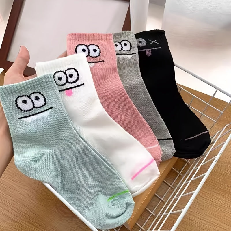5 Pairs Funny Face Print Socks, Comfy & Casual Mid Tube Socks, Women's Stockings & Hosiery