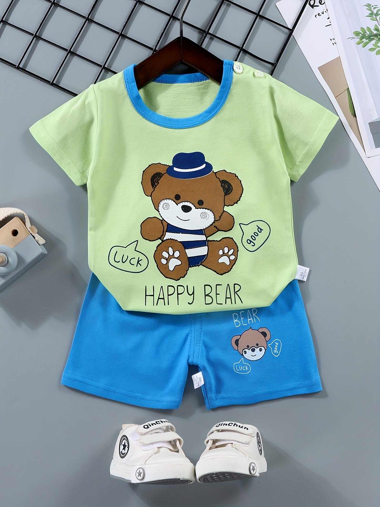 Old Boys' Short Sleeve Set, Pure T-Shirt, Lightweight and Cool Summer Children'S Clothing, Soft and Comfortable, 100% Pure, Striped Dinosaur Pattern, Casual Style, Regular Fit, Perfect for Outdoor