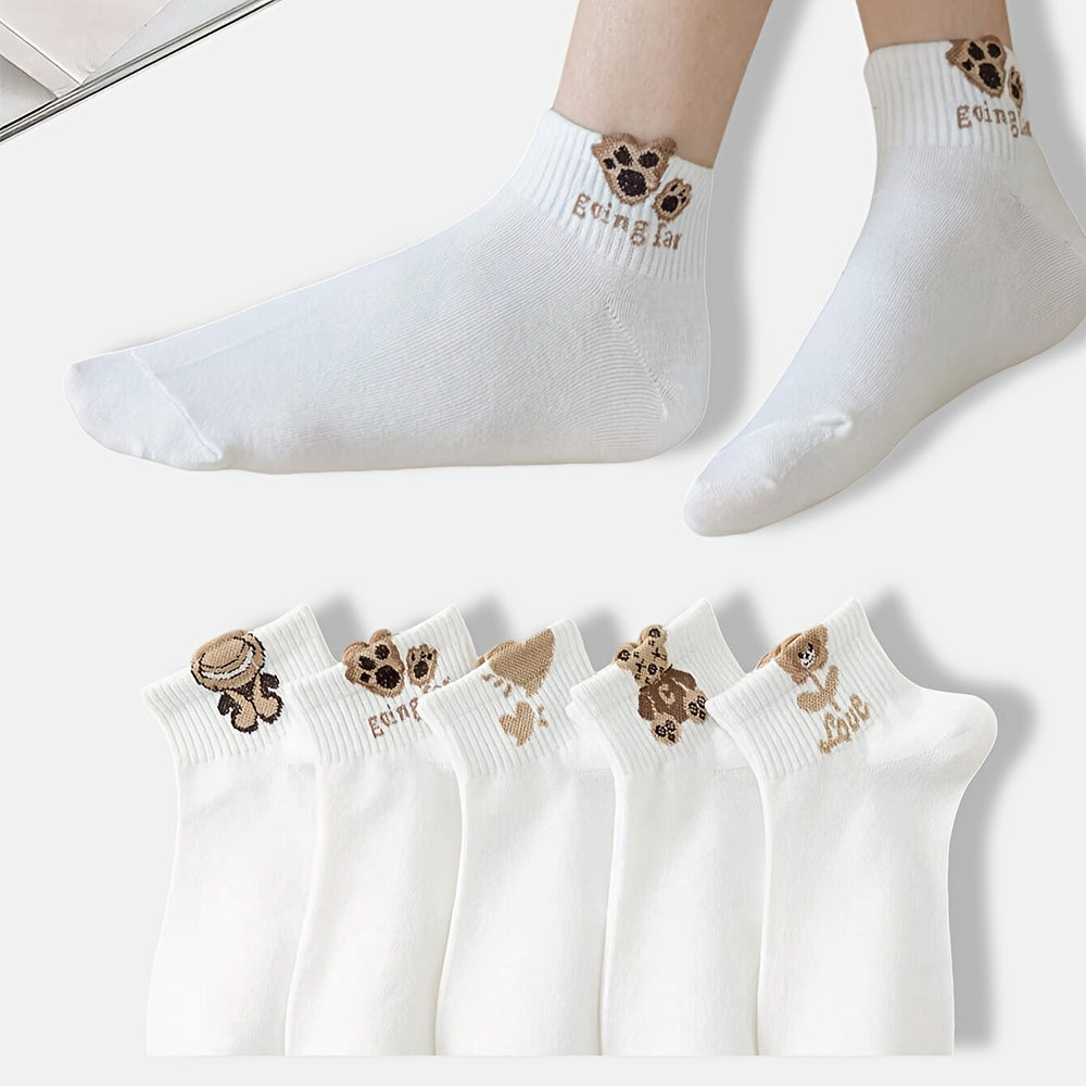 5 Pairs Women's Invisible No-Show Socks - Cute Bear & Love Design, Moisture-Wicking Breathable Fabric, Soft Smooth Short Socks for Sports, Festivals, Leisure (White & Black), Cute Socks, Festival Accessories, Moisturewicking Fabric
