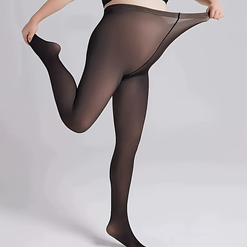 Women's Plus Size Elegant Warm Faux Translucent Tights - High Waist, Soft Stretch Polyester/Spandex Blend, Ideal for Autumn and Winter