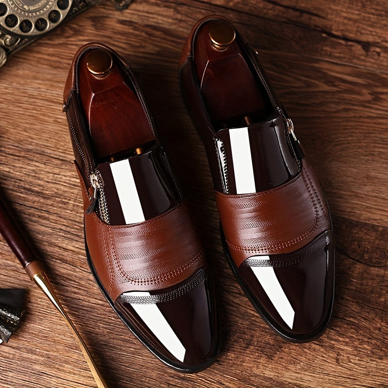 KJSOP Men's Glossy Brown Dress Shoes - British Style Sharp Pointed Toe Lace-like Zipper Closure, Glossy Polish, Comfortable PU Lining & Rubber Sole, Burgundy/Clear Toe & Black Trim - Business, Office, Semi-Formal Shoes for Men (Spring/Fall/Summer) - Burgu