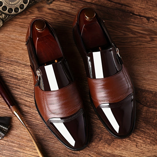 KJSOP Men's Glossy Brown Dress Shoes - British Style Sharp Pointed Toe Lace-like Zipper Closure, Glossy Polish, Comfortable PU Lining & Rubber Sole, Burgundy/Clear Toe & Black Trim - Business, Office, Semi-Formal Shoes for Men (Spring/Fall/Summer) - Burgu