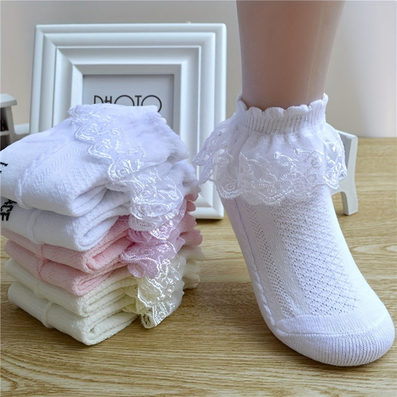 Pair of Youngsters's Lace Socks, Girls' Mesh Princess Short Socks for Spring/Autumn/Summer, Youngsters White Dance Socks
