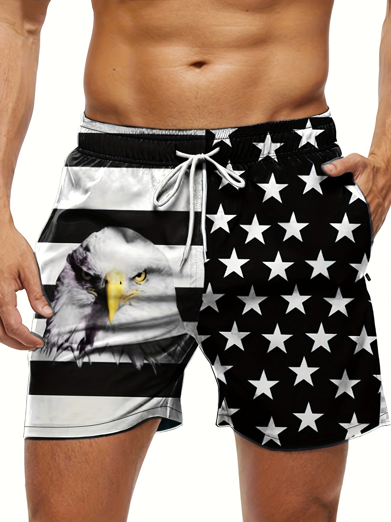 3003 Men's Summer Casual Shorts - American Flag & Eagle Patriotic Print, Black & White Contrast Design, Regular Fit, Machine Washable