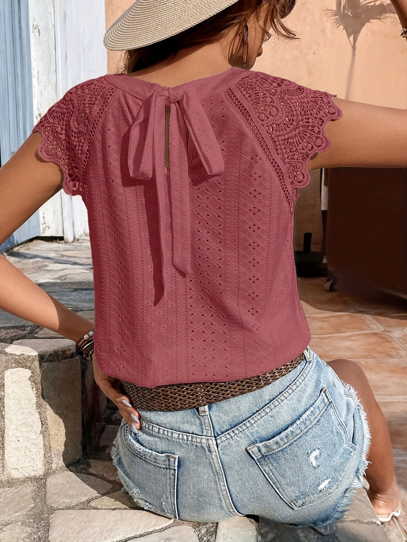 Eyelet Lace Splicing Tie Back T-Shirt, Casual Solid Color T-Shirt For Spring & Summer, Women's Clothing