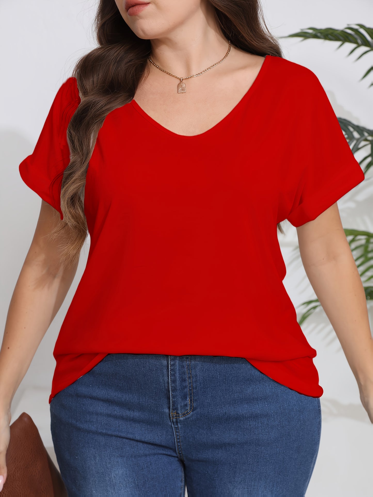 Plus Size, Plus Size Women's Elegant V-Neck T-Shirt - Soft Semi-Sheer Fabric, Vibrant Red, Machine Washable, Spring Summer Fall Casual Top, Ladies T Shirts, Seasonal Fashion, Sophisticated Casual, Comfortable Fit