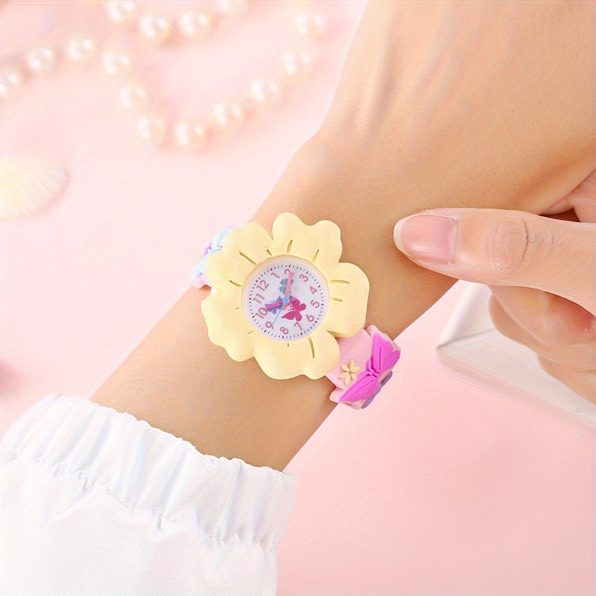 Adorable Girls' 3D Flower & Butterfly Cartoon Watch - Soft PVC, Skin-Friendly Silicone Band, Quartz Movement, Non-Waterproof, Blue