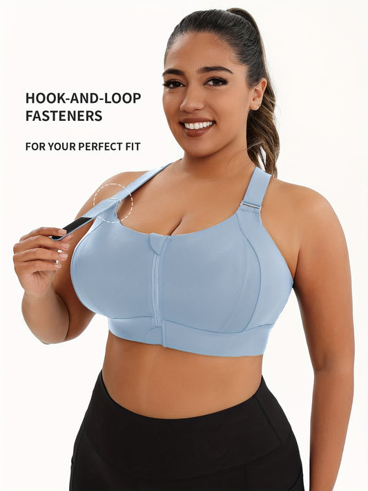 Plus Size Sports Bra with Front Zipper, High Elasticity Solid Color Fitness Sports Bra, Yoga Tank Top, Sports Bra, Adjustable Straps High-Quality Underwear