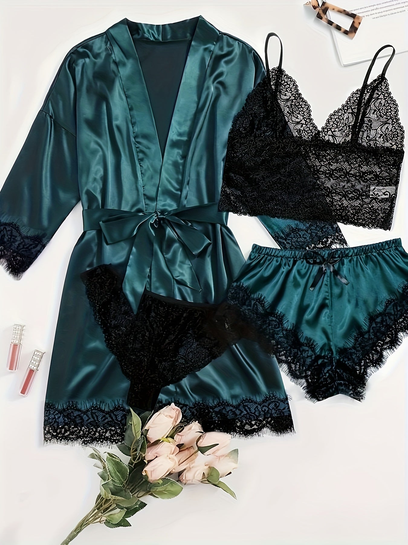 Elegant Satin Contrast Lace Lounge Set, Three Quarter Sleeve Robe With Belt & Cami Bra & Panty & Elastic Shorts, Women's Loungewear
