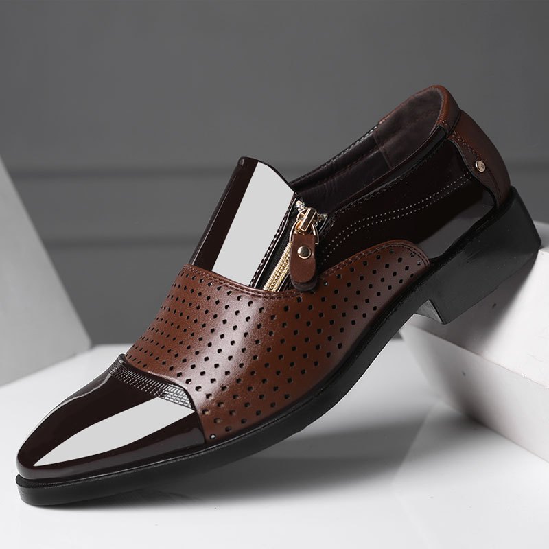 KJSOP Men's Glossy Brown Dress Shoes - British Style Sharp Pointed Toe Lace-like Zipper Closure, Glossy Polish, Comfortable PU Lining & Rubber Sole, Burgundy/Clear Toe & Black Trim - Business, Office, Semi-Formal Shoes for Men (Spring/Fall/Summer) - Burgu