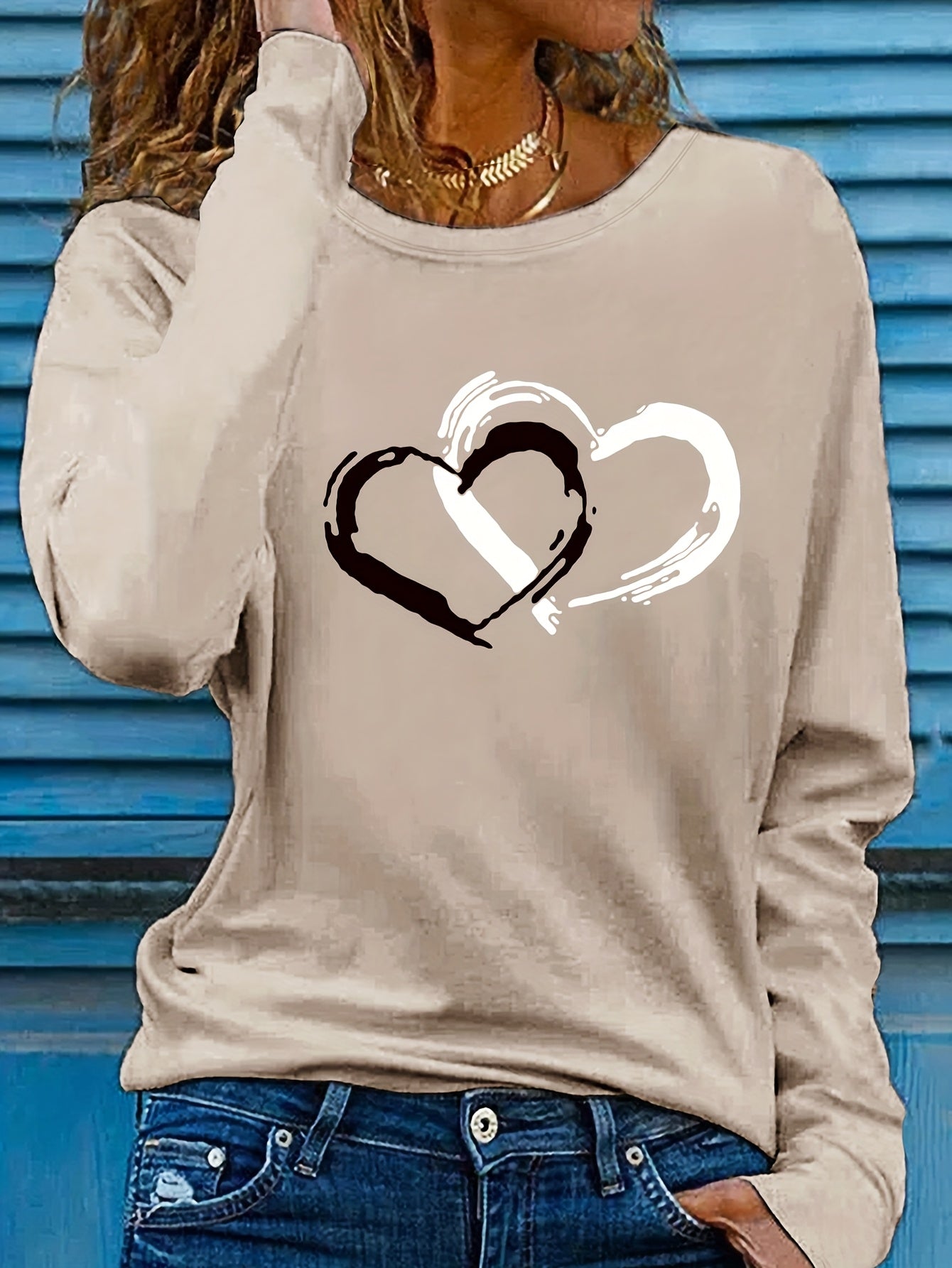 Heart Print Crew Neck T-shirt, Casual Long Sleeve Top For Spring & Fall, Women's Clothing