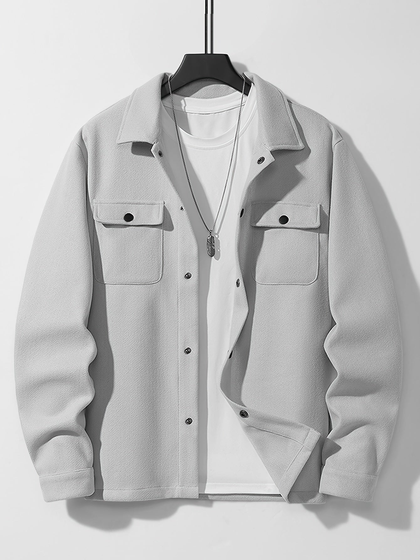 Men'S Solid Color Tweed Jacket, Mature Style, Snap Closure, Regular Fit, Polyester Lining, Woven Fabric, 485g/m², Fall/Winter Lapel Collar with Pockets