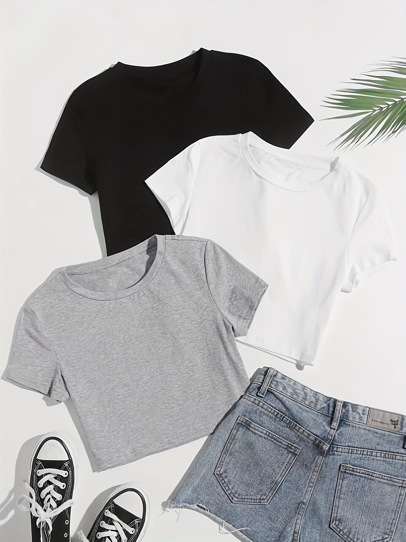 3 Pieces Crop T-shirts, Casual Crew Neck Short Sleeve T-Shirts For Spring & Summer, Women's Clothing