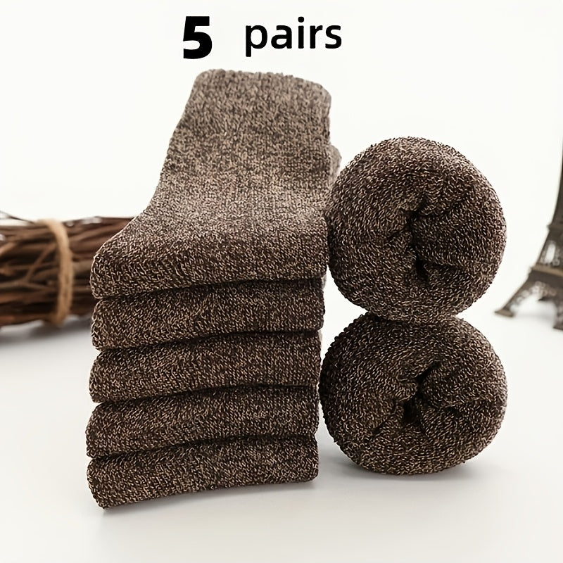 5 Pairs Men's Thick Wool Blend Socks - Cozy Mid-Calf Winter Socks in Solid Colors (Dark Gray, Light Blue, Brown, Navy Blue, Beige, White), Soft & Warm for Casual or Cold Weather, Cozy Footwear | Giftready Packaging | Quality Fabric Socks, Cute Socks