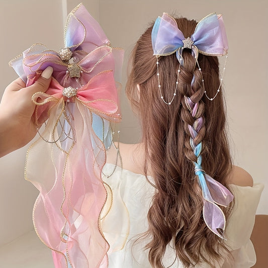 Fantasy Mermaid Princess Hair Ribbon Clip with Butterfly Bow, Gradient Lace Texture, Pearl Tassel Hair Accessory for Long Hair, Beaded Mesh Hairpin for Prom, Trendy Ponytail Streamer Clip