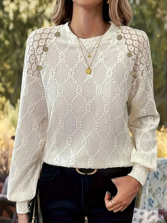 Solid Lace Stitching Eyelet Top, Elegant Lantern Sleeve Crew Neck Top, Women's Clothing