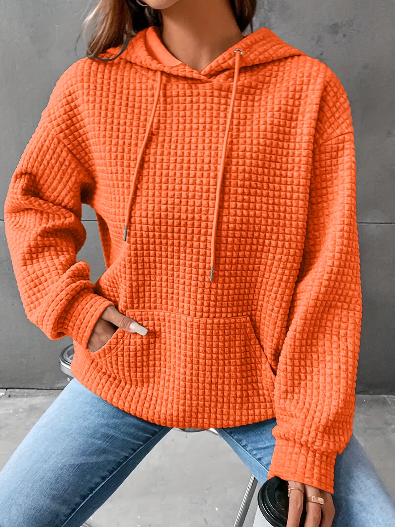 Plus Size - Women'S Plus Size Bright Orange Cable Hoodie - Cozy Loose Fit Pullover with Drawstring, Casual All-Season Wear, Casual Wear Hoodie | Cable Hoodie | Construction, Sweater Hoodie