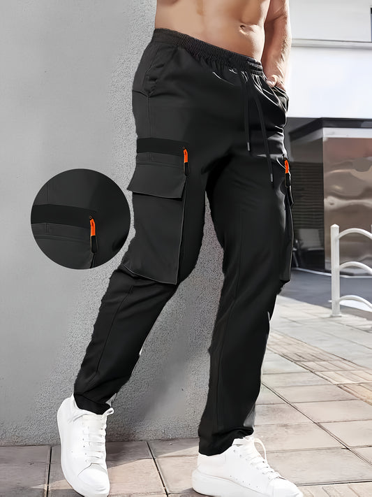1pc Men'S Casual Cargo Pants, 100% Polyester Solid Color, Elastic Waist, Non-Stretch, Multi-Pocket Design, Regular Length, Woven, Loose Fit for Spring/Fall - Fashionable Utility Trousers