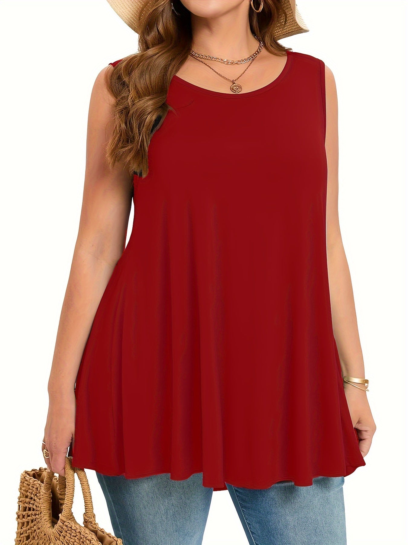 Plus Size Women's Stretchy Sleeveless Round Neck Tank Top - Solid Color Casual Vacation Wear, Machine Washable Spring/Summer Tops, Ladies Tank Tops, Summer Plus Top, Flowy Fabric Top, Nontransparent Fabric, Travel Clothing, Relaxed Fit, Breathable Materia