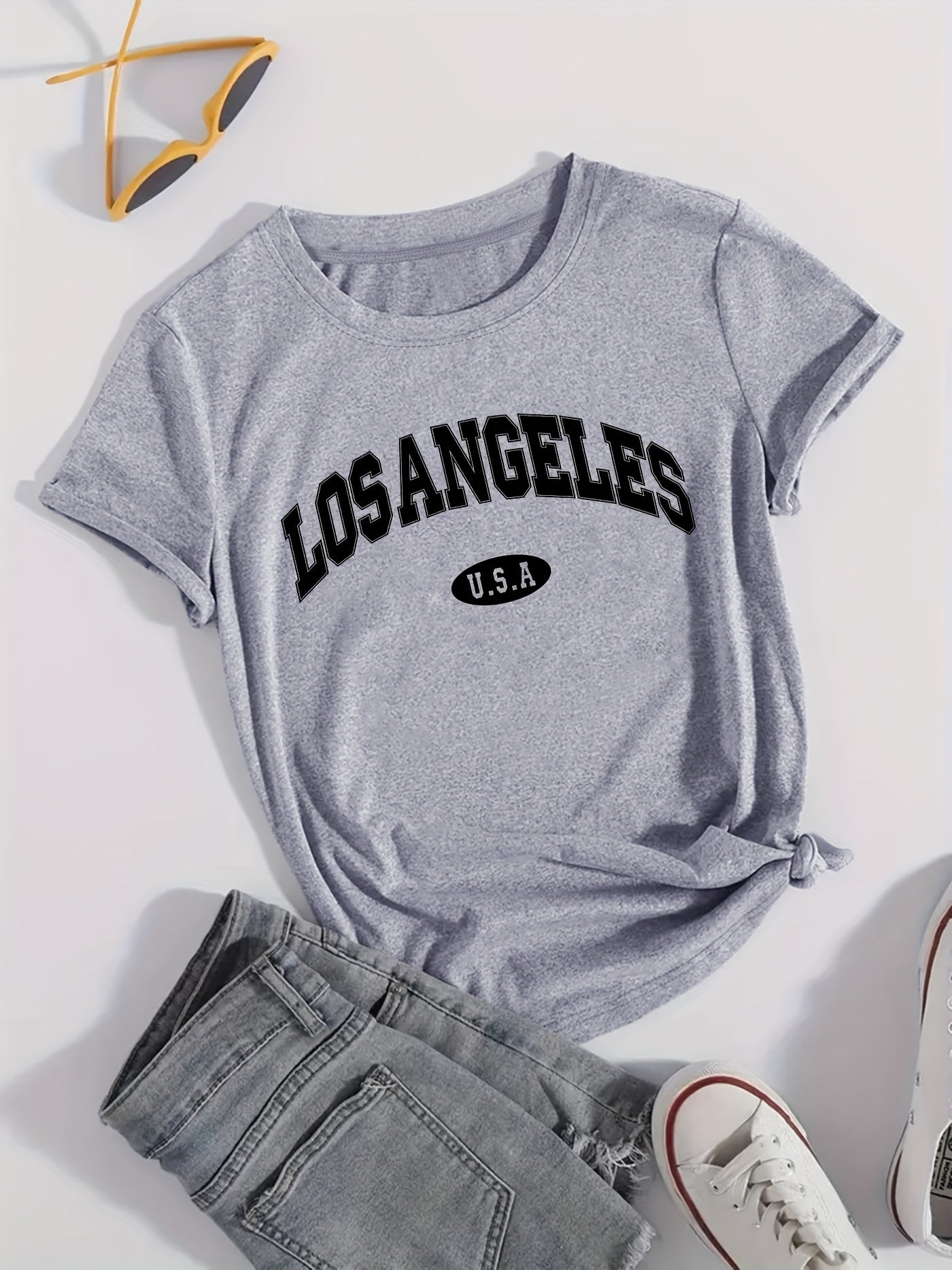 Women'S Casual Los Angeles Alphabet Print T-Shirt, Short Sleeve Crew Neck, Summer Knit Polyester Top with 5% Elastane, Regular Length - Black