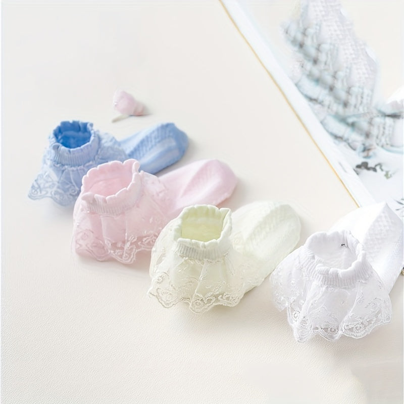 4 Pairs Of Girl's Lace Ruffle Frilly Trim Crew Socks, Breathable Comfy Dance Princess Socks