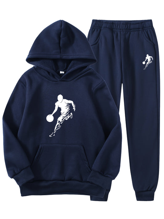 2pcs Boy's Basketball Player Print Hooded Outfit, Hoodie & Pants Set, Boys Clothes For Daily & Outdoor Wear, As Gift